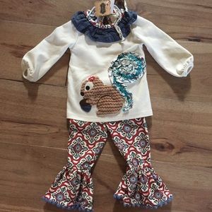 NWT Mud Pie squirrel top ruffled pants set girl